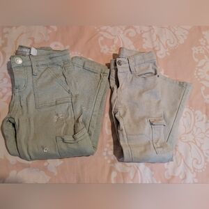 Girls Set Of 2 Cargo Jeans- Green Olive with floral embroidery & Beige. Size 5